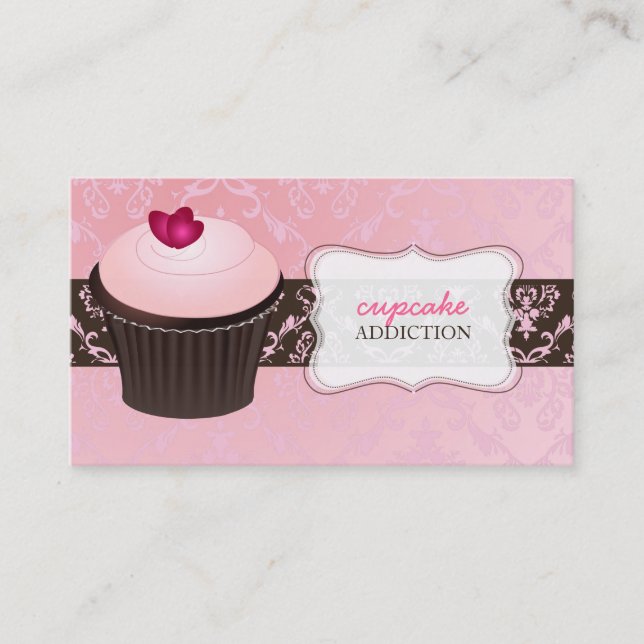 PixDezines pink heart cupcake+chantal damask Business Card (Front)