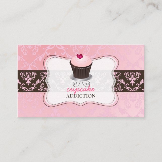 PixDezines pink heart cupcake+chantal damask Business Card (Front)