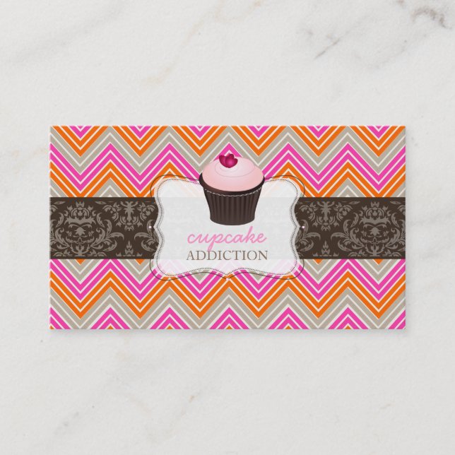 PixDezines pink heart cupcake+chevron Business Card (Front)