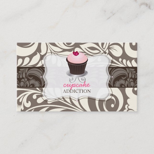 PixDezines pink heart cupcake+damask Business Card (Front)