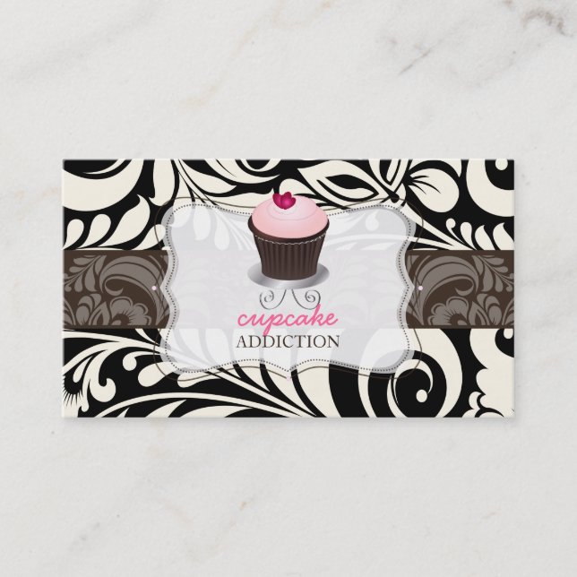 PixDezines pink heart cupcake+damask Business Card (Front)