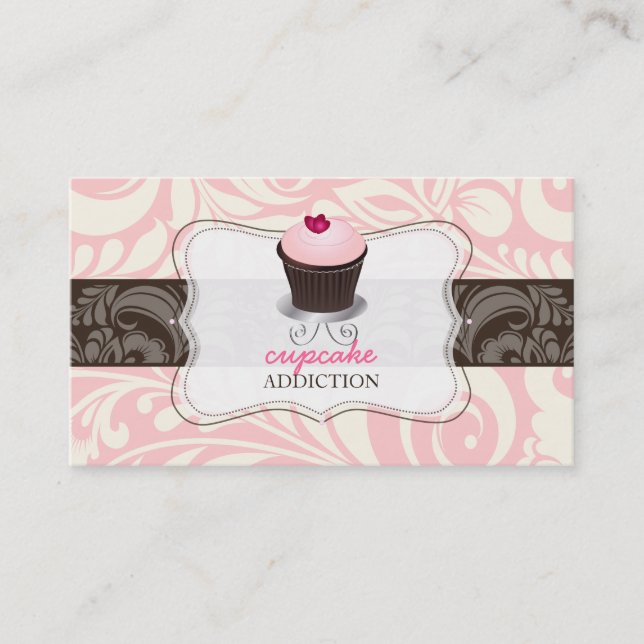 PixDezines pink heart cupcake+damask Business Card (Front)