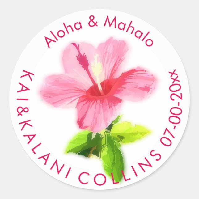 PixDezines Pink Hibiscus/Aloha/Mahalo/Thank You Classic Round Sticker (Front)