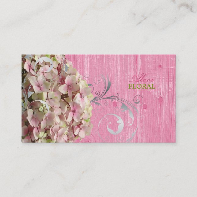 PixDezines pink hydrangeas, florists/wood panel Business Card (Front)