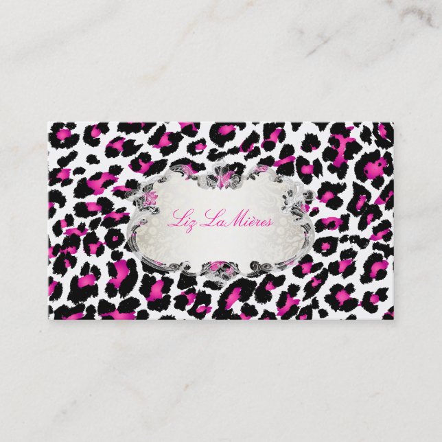 PixDezines pink leopard print/classy labels Business Card (Front)