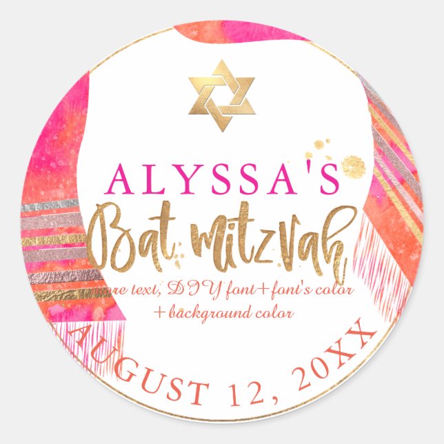 PixDezines Pink+Orange Watercol Tallit Bat Mitzvah Classic Round Sticker (Front)