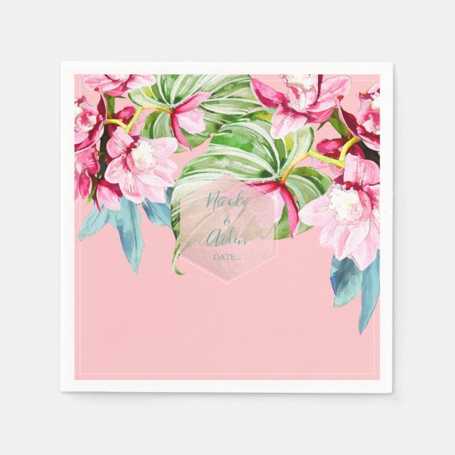 PixDezines Pink Orchid+Palms Tropical Wedding Napkin (Front)
