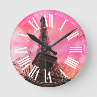 PixDezines pink paris/eiffel tower Round Clock