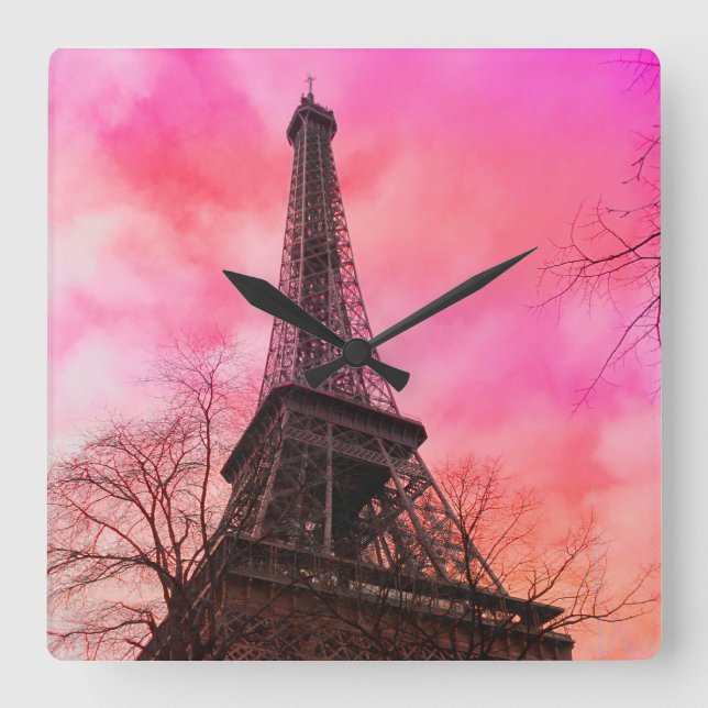 PixDezines pink paris/eiffel tower Square Wall Clock (Front)