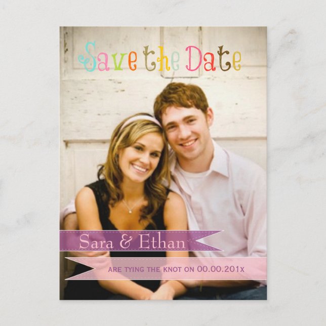 PixDezines pink+purple save the date Announcement Postcard (Front)