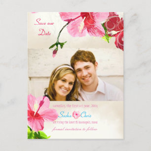 PixDezines pink/red hibiscus/save the date Announcement Postcard