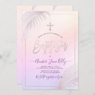 PixDezines Pink Silver Palms Baptism Invitation