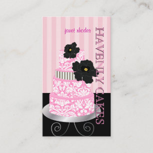 PixDezines Pink stripes+damask cake/pâtisserie Business Card