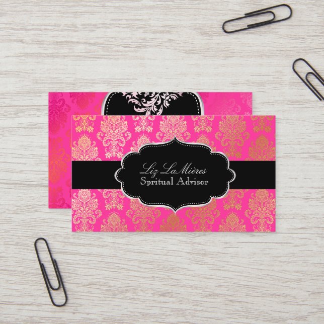 PixDezines Pink Victorian Damask/DIY colour Business Card (Front/Back In Situ)