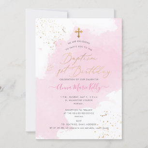 PixDezines Pink Watercolor Baptism+1st Birthday Invitation