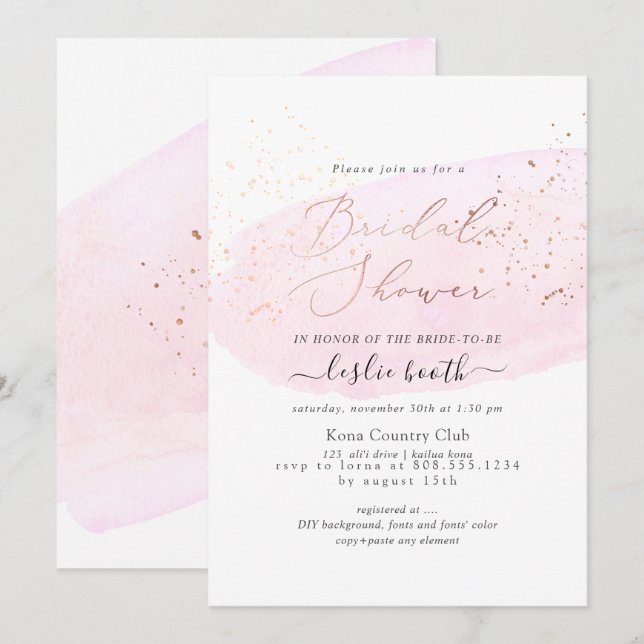 PixDezines Pink Watercolor Champagne Bridal Shower Invitation (Front/Back)