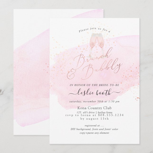 PixDezines Pink Watercolor Champagne Brunch Bubbly Invitation (Front/Back)