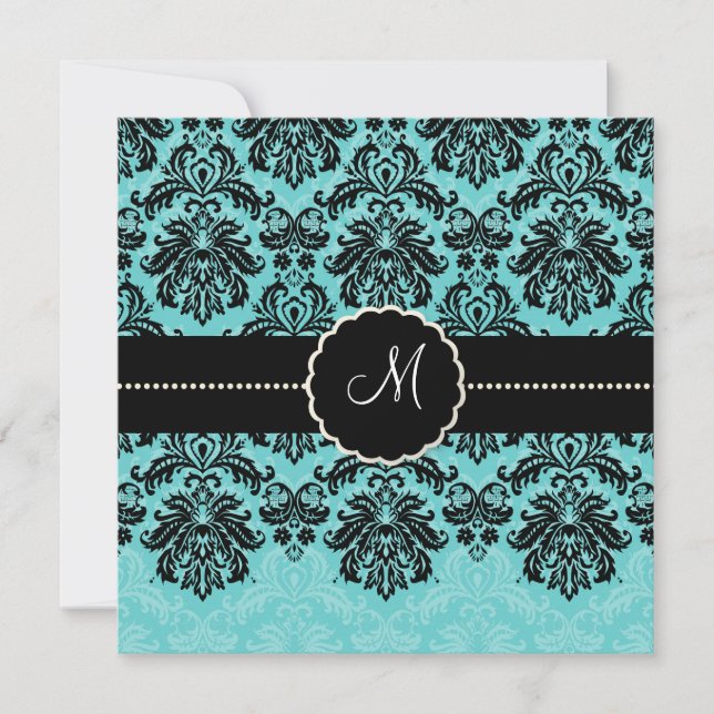 PixDezines Piqué, Damask / Black+Aqua Blue Velvet Invitation (Front)