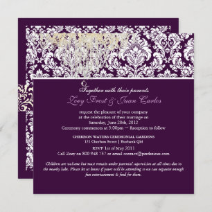 PixDezines Plum Moiré Damask/Crystal Chandelier Invitation