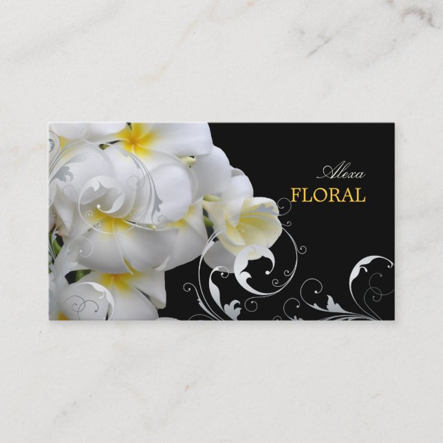 PixDezines Plumeria+filigree swirls/diy colours Business Card (Front)