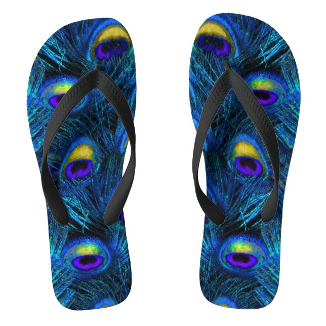 PixDezines PSYCHEDELIC BLUE PEACOCK FEATHER Flip Flops (Footbed)