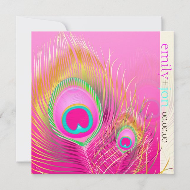 PixDezines psychedelic peacock feather/hot pink Invitation (Front)