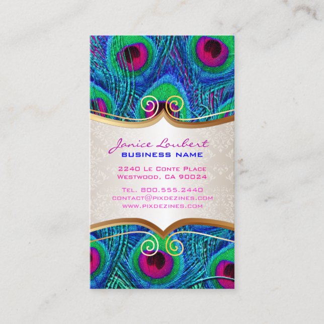 PixDezines psychedelic peacock+gold trim label Business Card (Front)