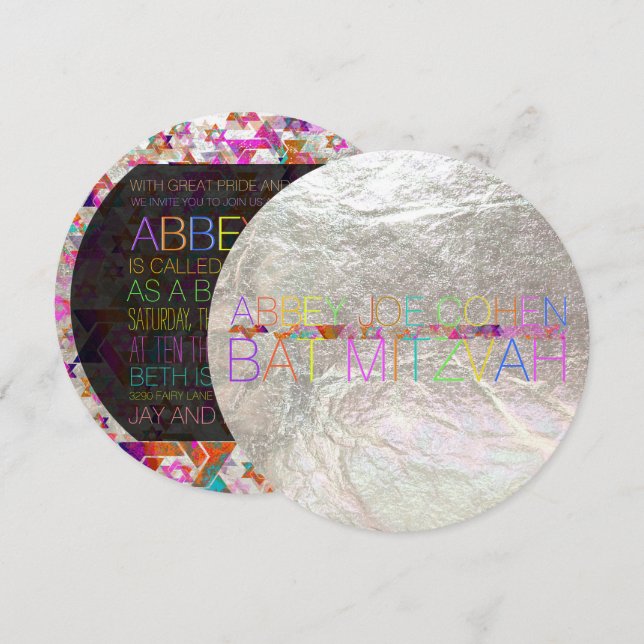 PixDezines psychedelic stars/neon/bat mitzvah Invitation (Front/Back)