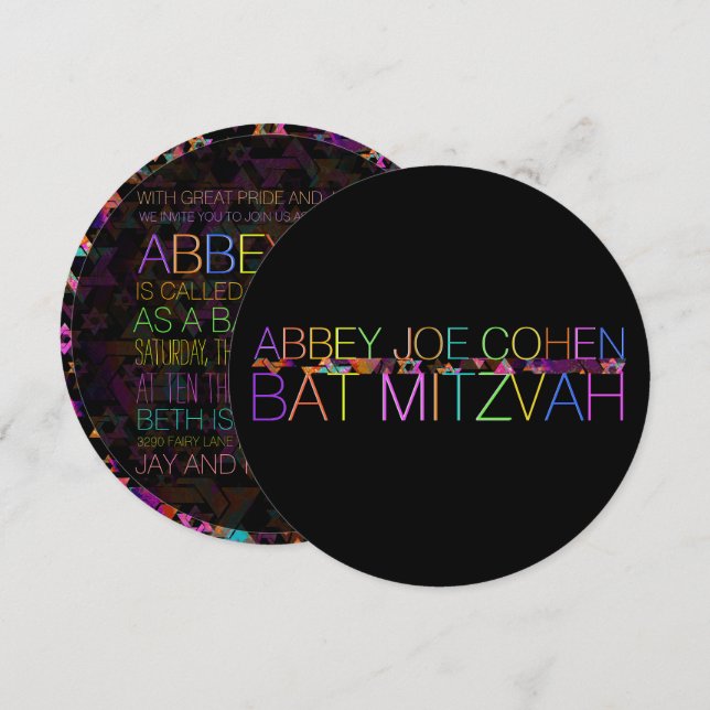 PixDezines psychedelic stars/neon/bat mitzvah Invitation (Front/Back)