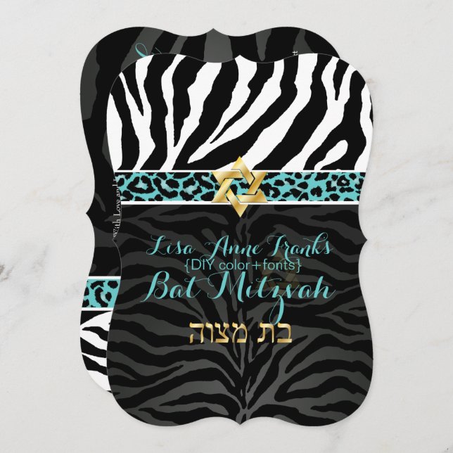 PixDezines purple/DIY colour/Zebra/Bat Mitzvah Invitation (Front/Back)