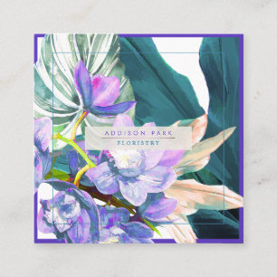 PixDezines Purple Orchid Dark Teal Ti Leaves Square Business Card