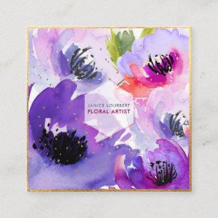 PixDezines PURPLE WATER ROSE/FLORAL WATERCOLOR Square Business Card
