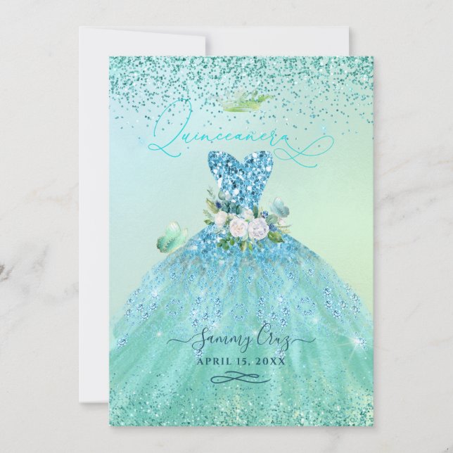 PixDezines Quinceanera Aqua Teal Glitter Gown Invitation (Front)