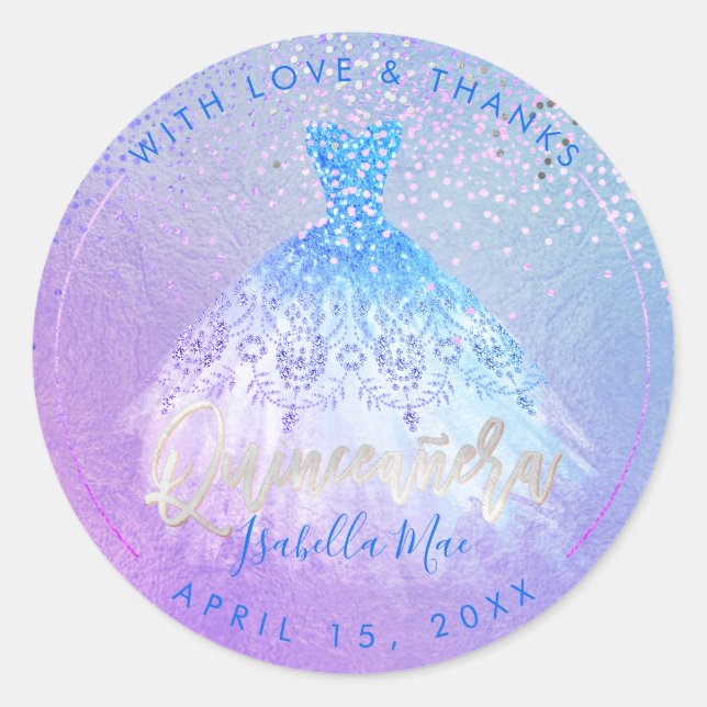 PixDezines Quinceanera Aqua+Violet Gown Classic Round Sticker (Front)