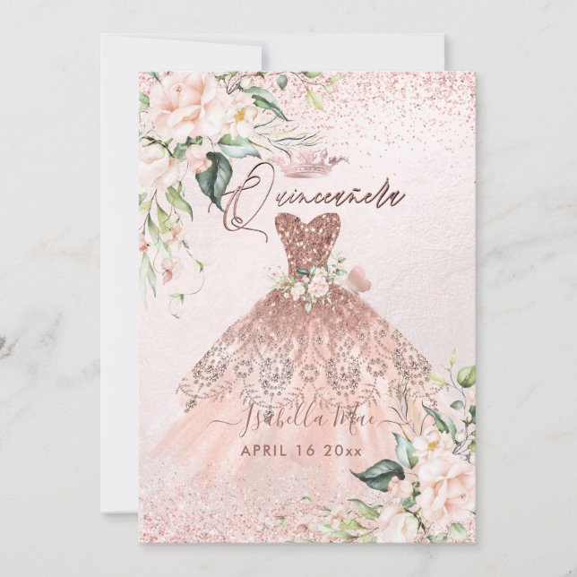 PixDezines Quinceanera Blush Roses-Rose Gold Gown Invitation (Front)