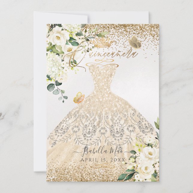 PixDezines Quinceanera Champagne Gold Glitter Gown Invitation (Front)