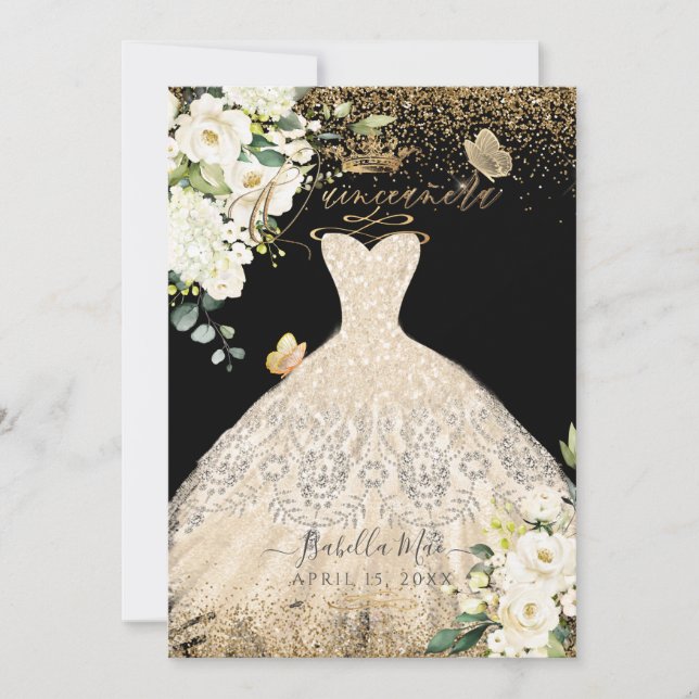 PixDezines Quinceanera Champagne Gold Glitter Gown Invitation (Front)