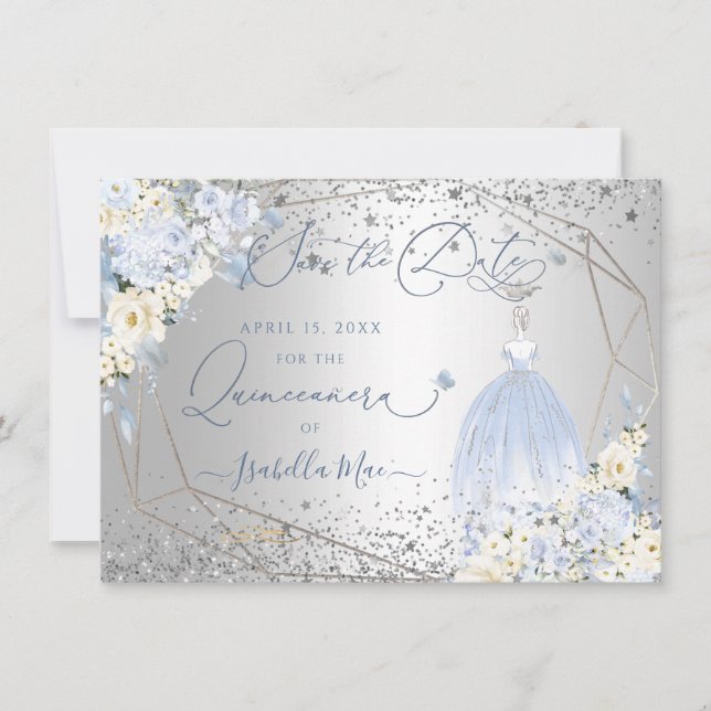 PixDezines Quinceanera Dusty Blue Dress Save Date Invitation (Front)