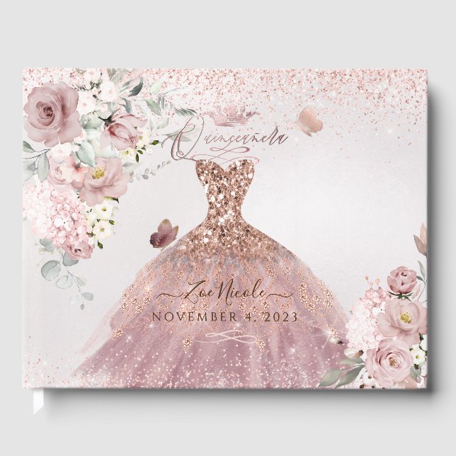 PixDezines Quinceanera Dusty Rose Gold Gown Guest Book (Front)