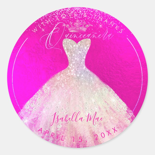 PixDezines Quinceanera Flashy Pink+Sparkle Blush Classic Round Sticker (Front)