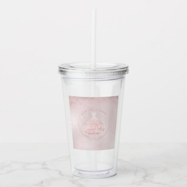 PixDezines Quinceanera Glitter Blush Pink Gown Acrylic Tumbler (Front)