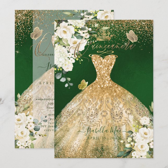 PixDezines Quinceanera Gold Glitter Gown Green Invitation (Front/Back)