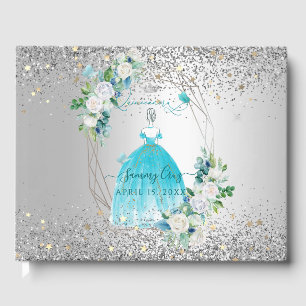 PixDezines Quinceanera H2 Flowers Aqua Blue Dress Guest Book