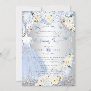 PixDezines Quinceanera H2 Flowers Dusty Blue Roses Invitation