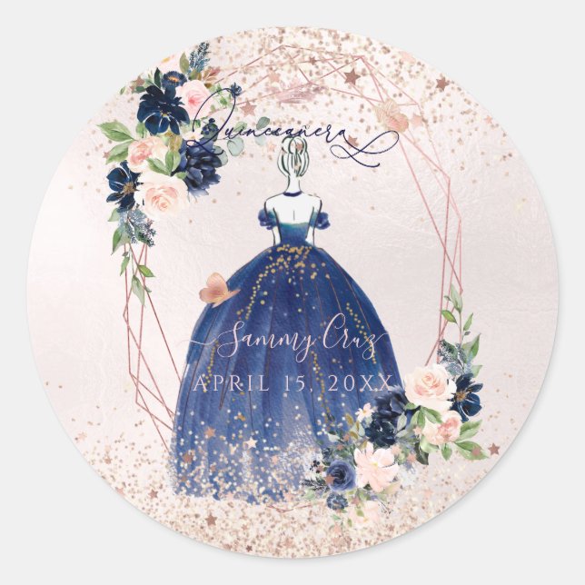 PixDezines Quinceanera Navy Rose Gold H2 Flowers Classic Round Sticker (Front)