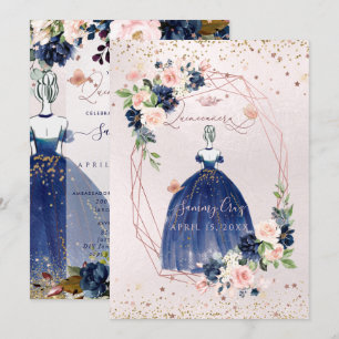 PixDezines Quinceanera Navy Rose Gold H2 Flowers Invitation