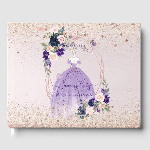 PixDezines Quinceanera Purple Rose Gold H2 Flowers Guest Book