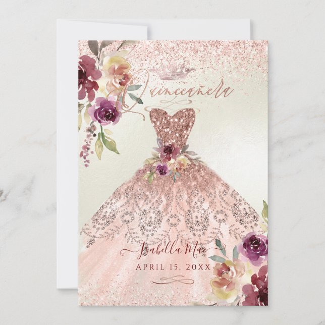 PixDezines Quinceanera Rose Gold Glitter Gown Invitation (Front)
