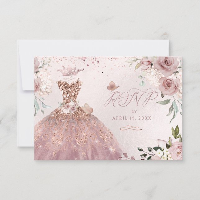 PixDezines Quinceanera RSVP Dusty Rose Gown Invitation (Front)