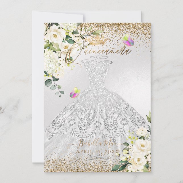 PixDezines Quinceanera Silver Dress Gold Glitter  Invitation (Front)